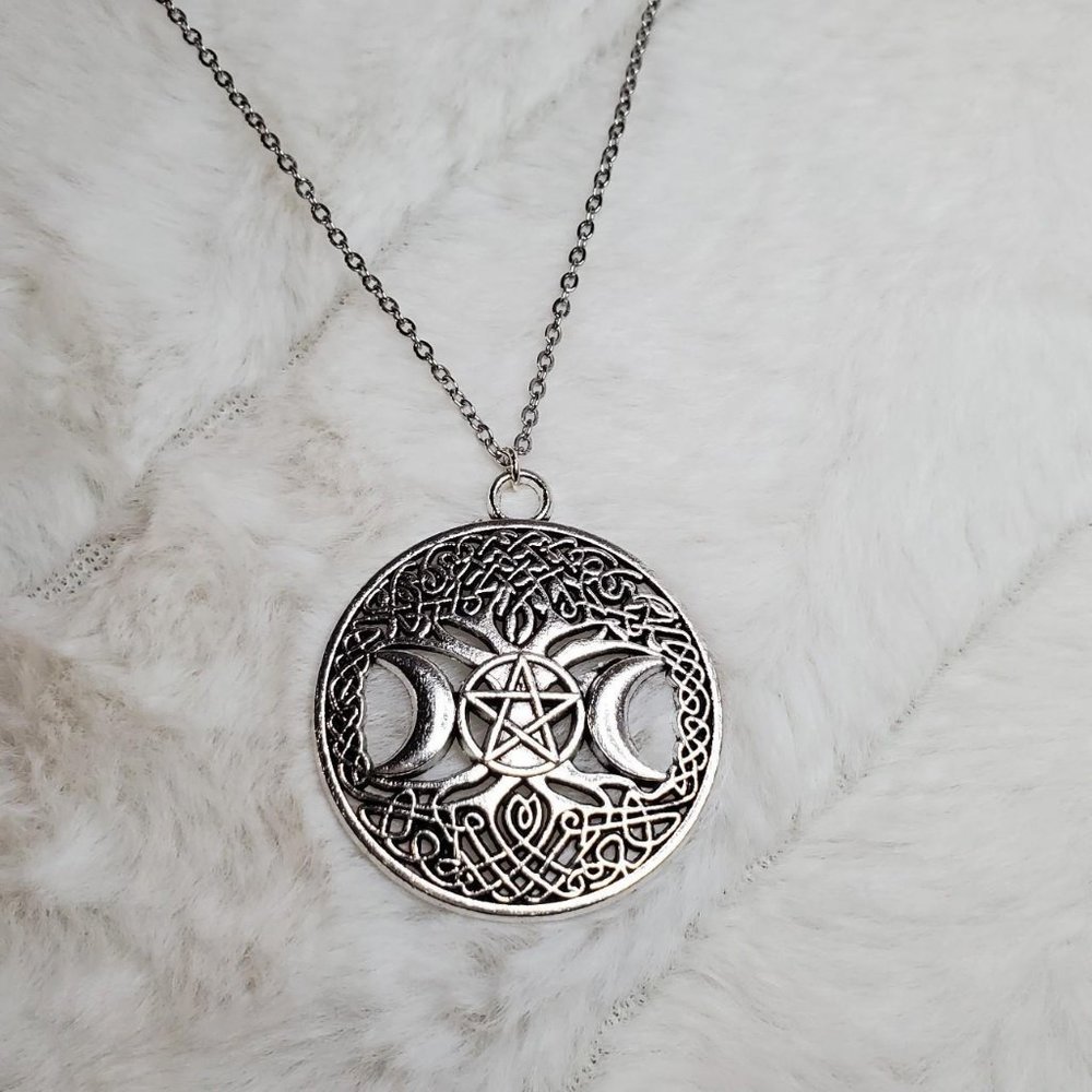 Celtic tree of life and pentagram crescent moon pendant necklace.